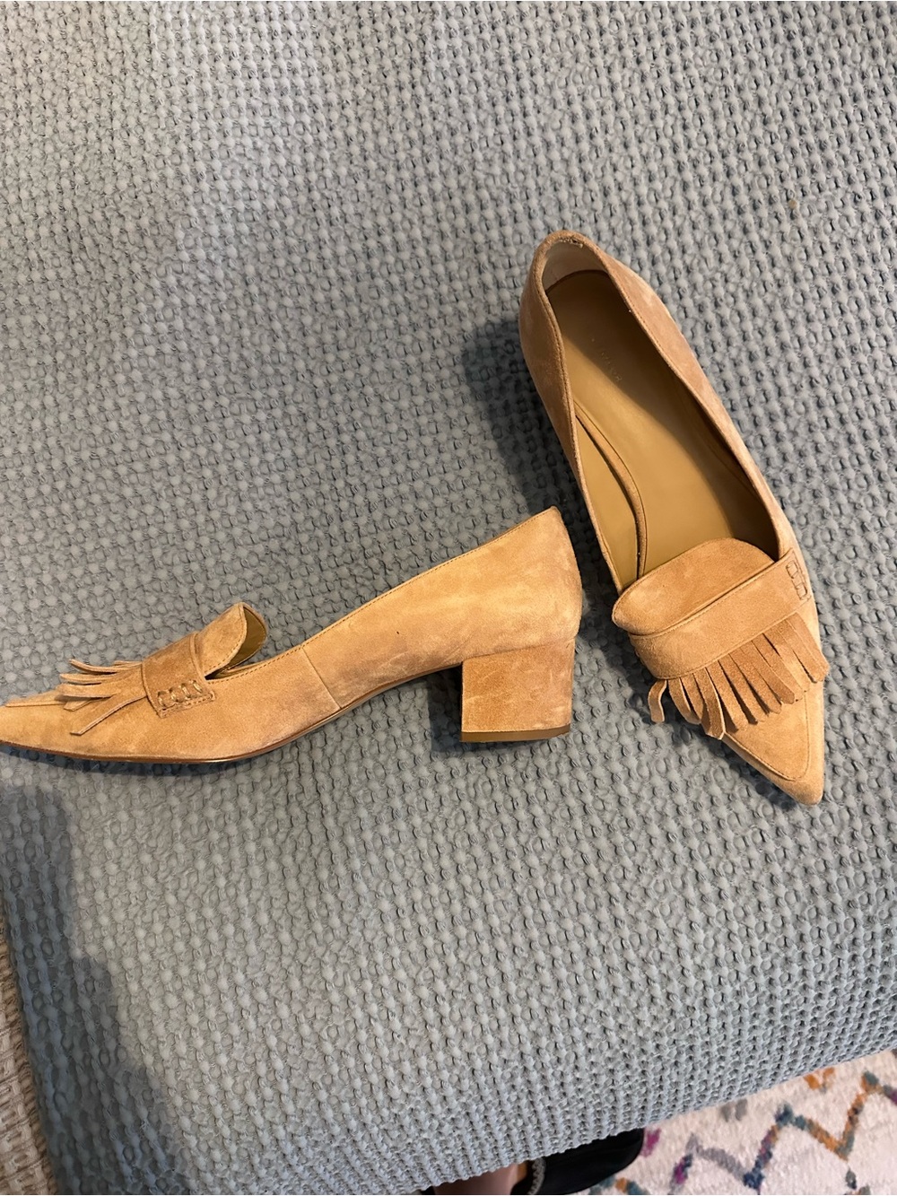 Ann Taylor Tan Suede Fringe Block Heel Loafers